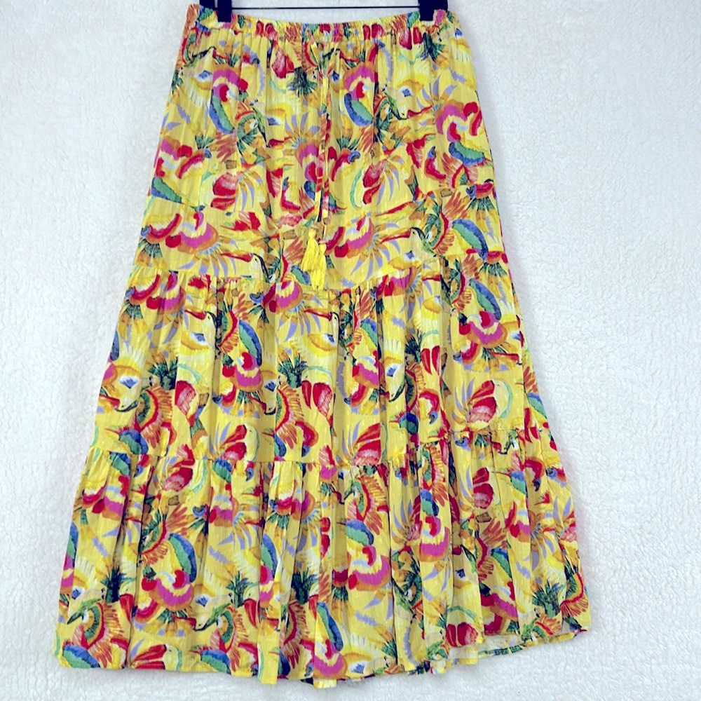 Christian Siriano Ruffled alone circleTiered Boho Tropical bird print Skirt Sz L